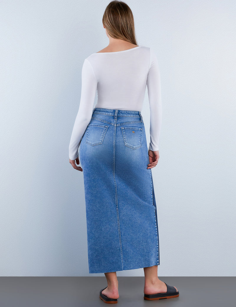 Split Blue Denim Maxi Skirt