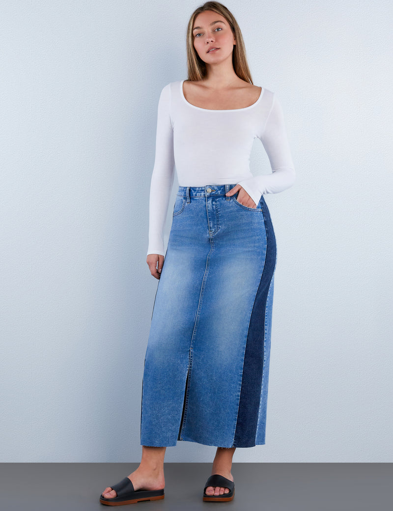 Split Blue Denim Maxi Skirt