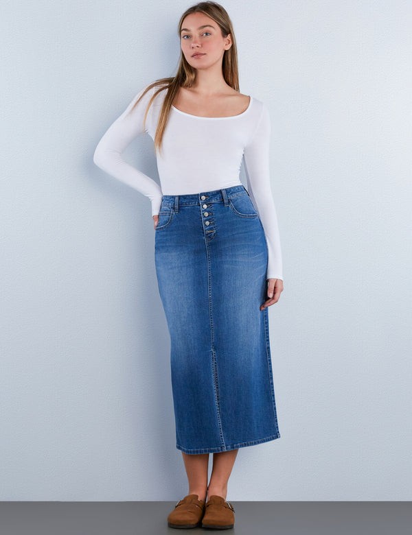 Vintage Button Denim Maxi Skirt