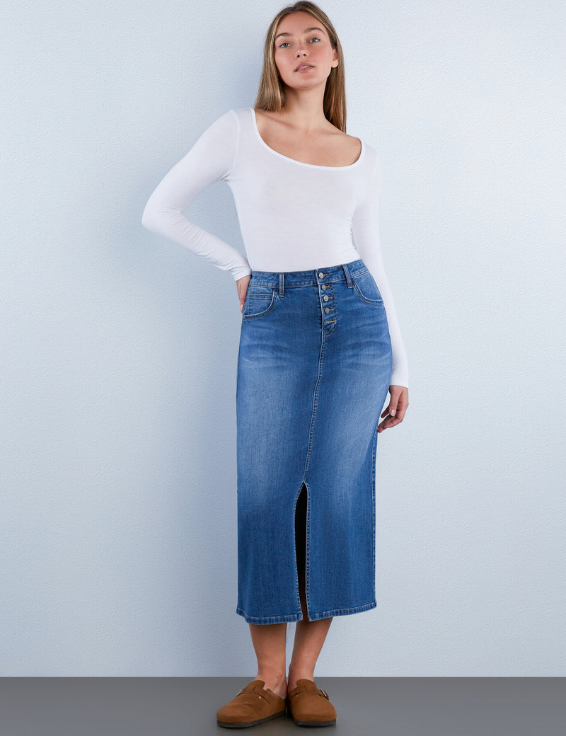 Vintage Button Denim Maxi Skirt