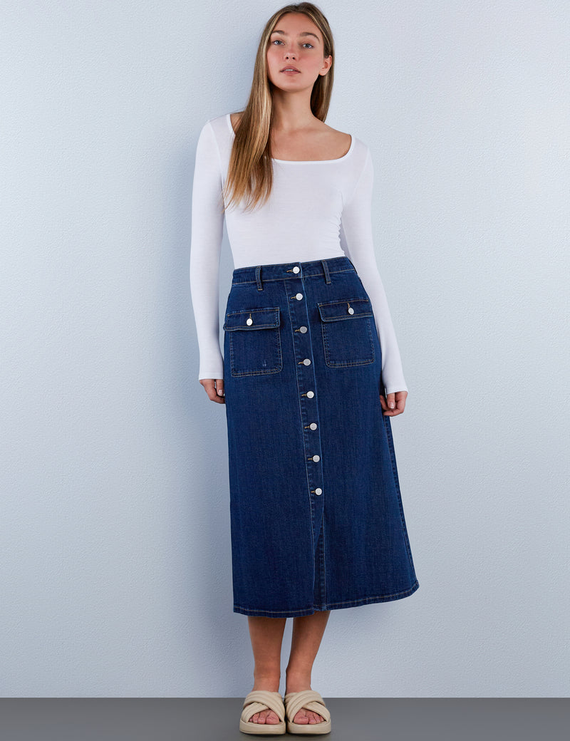 Sailor Button Denim Maxi Skirt