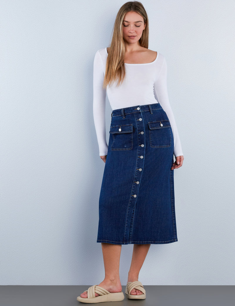 Sailor Button Denim Maxi Skirt