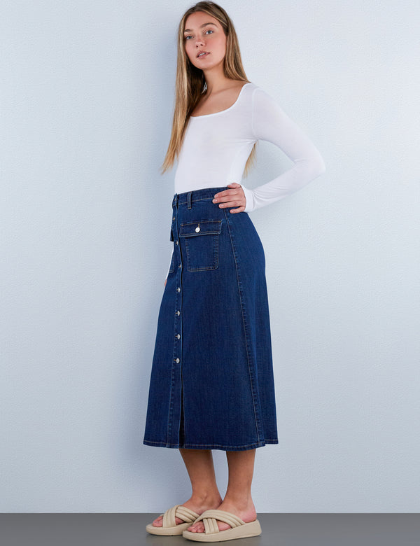 Sailor Button Denim Maxi Skirt