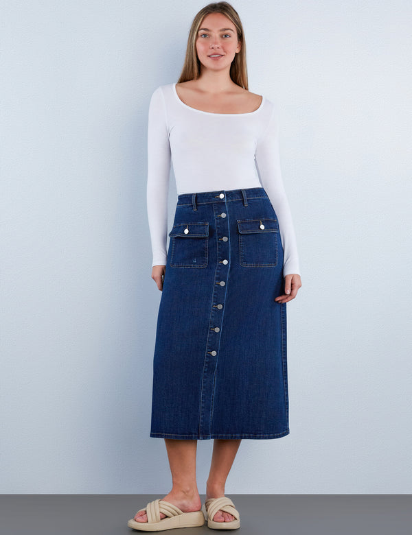 Sailor Button Denim Maxi Skirt