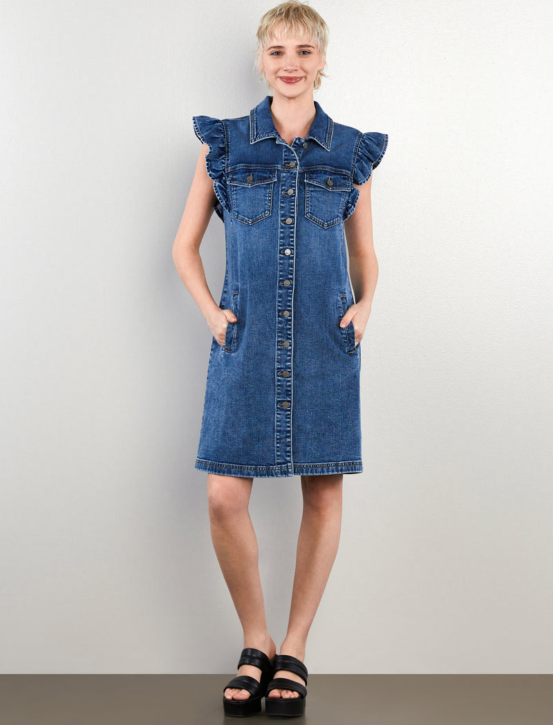 Ruffle Cap Sleeve Denim Dress