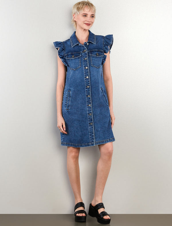 Ruffle Cap Sleeve Denim Dress