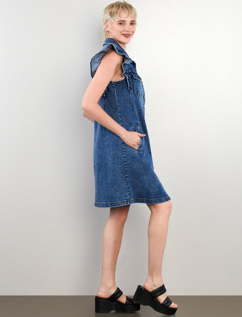 Ruffle Cap Sleeve Denim Dress