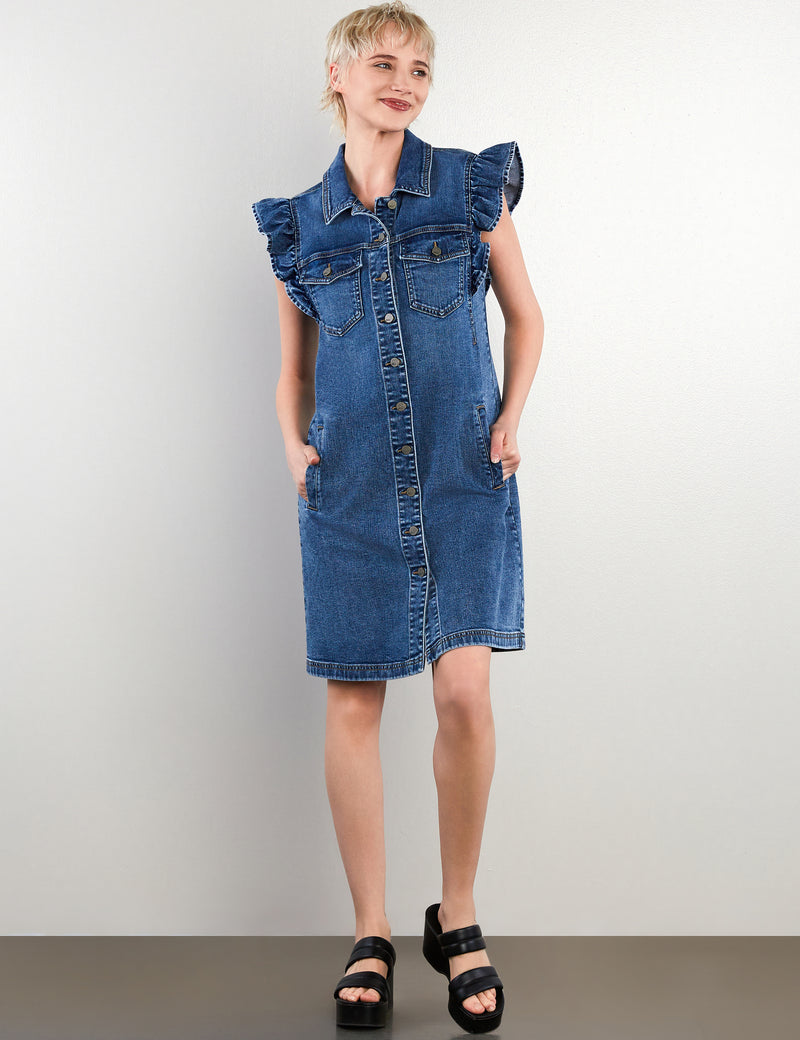Ruffle Cap Sleeve Denim Dress