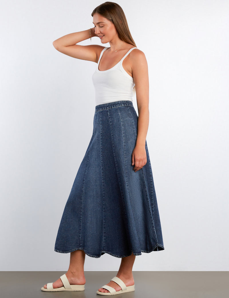 Paneled Denim Maxi Skirt