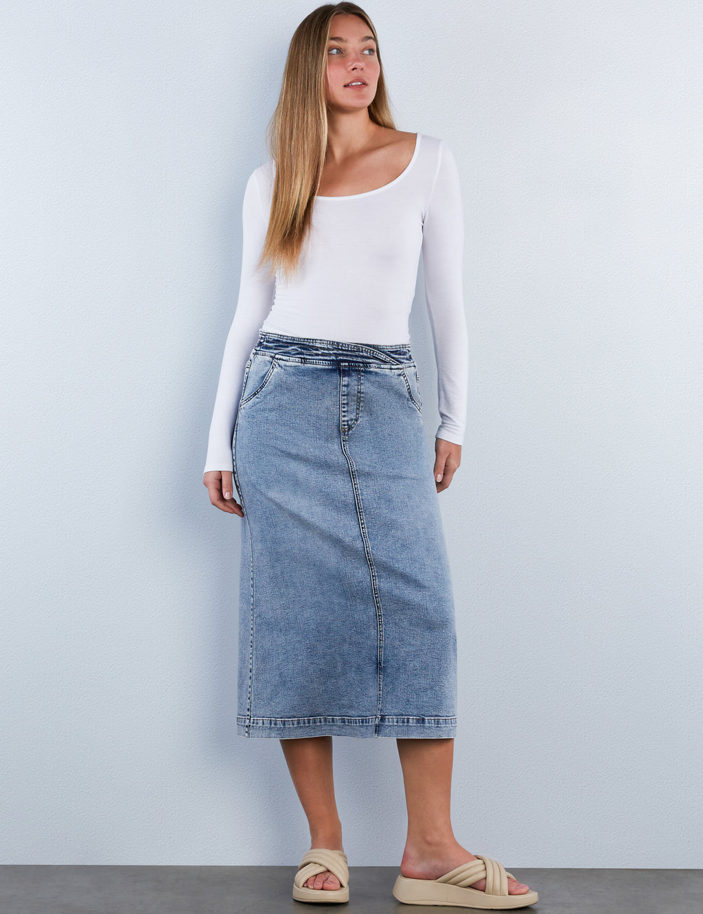 Women's Elastic Back Denim Midi Skirt – Billy T – washlabshop