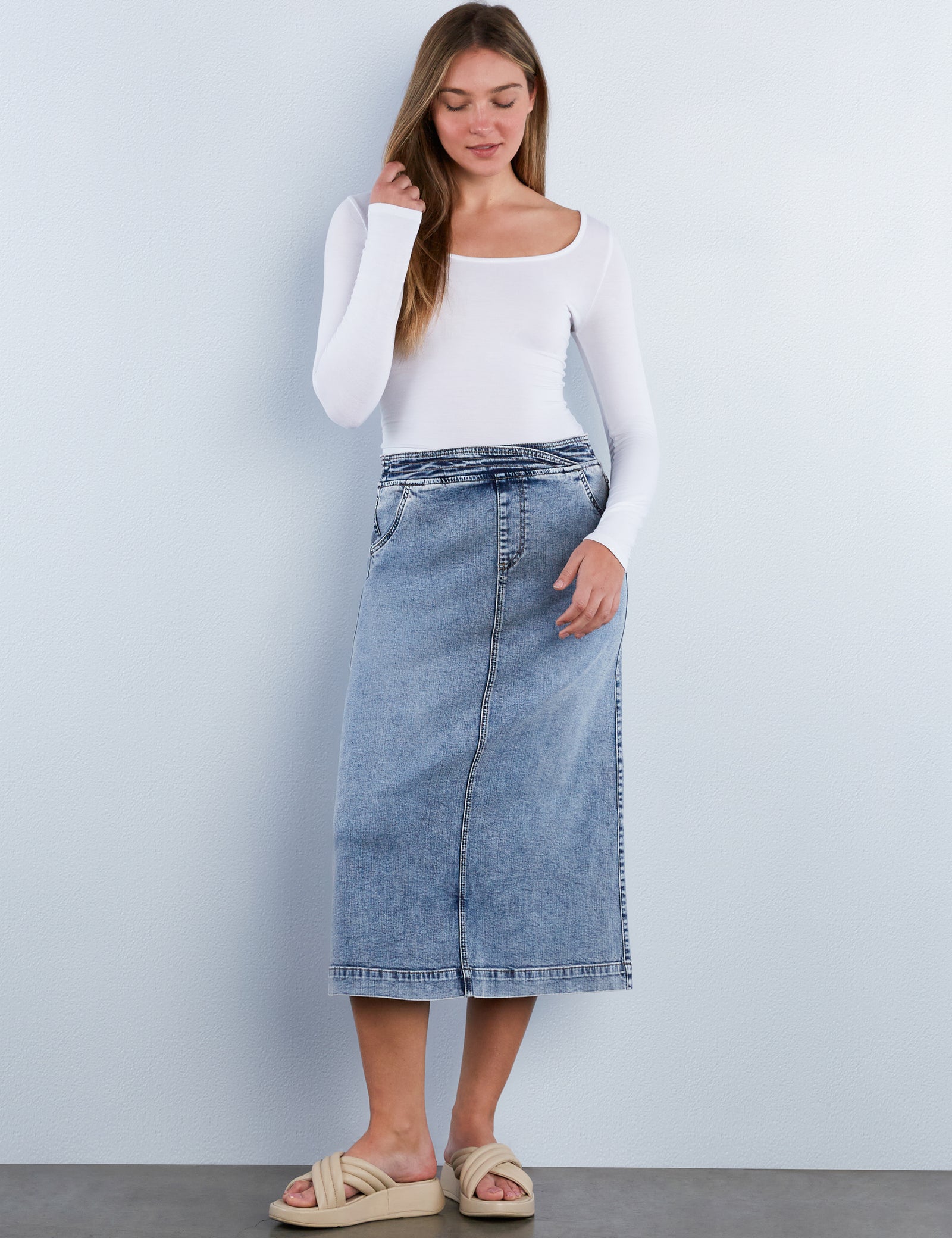 Women's Elastic Back Denim Midi Skirt – Billy T – washlabshop