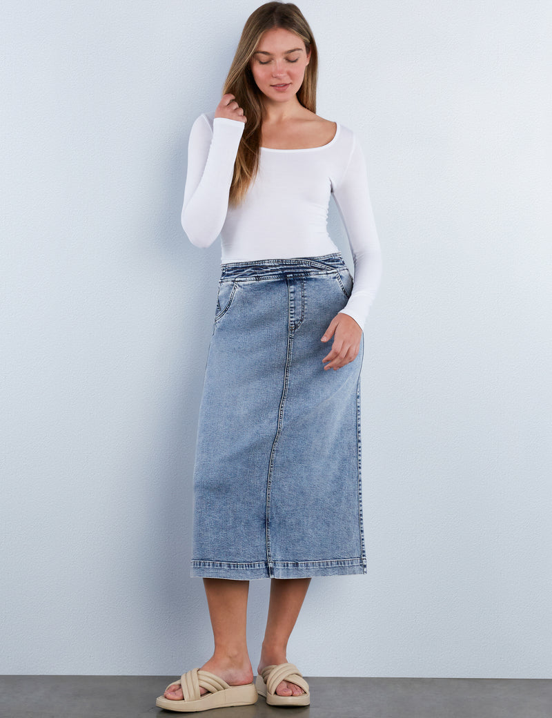 Elastic Back Denim Midi Skirt