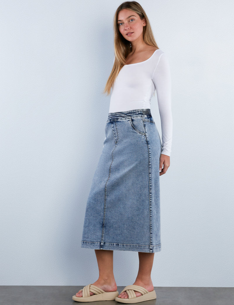 Elastic Back Denim Midi Skirt