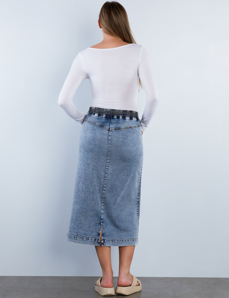 Elastic Back Denim Midi Skirt
