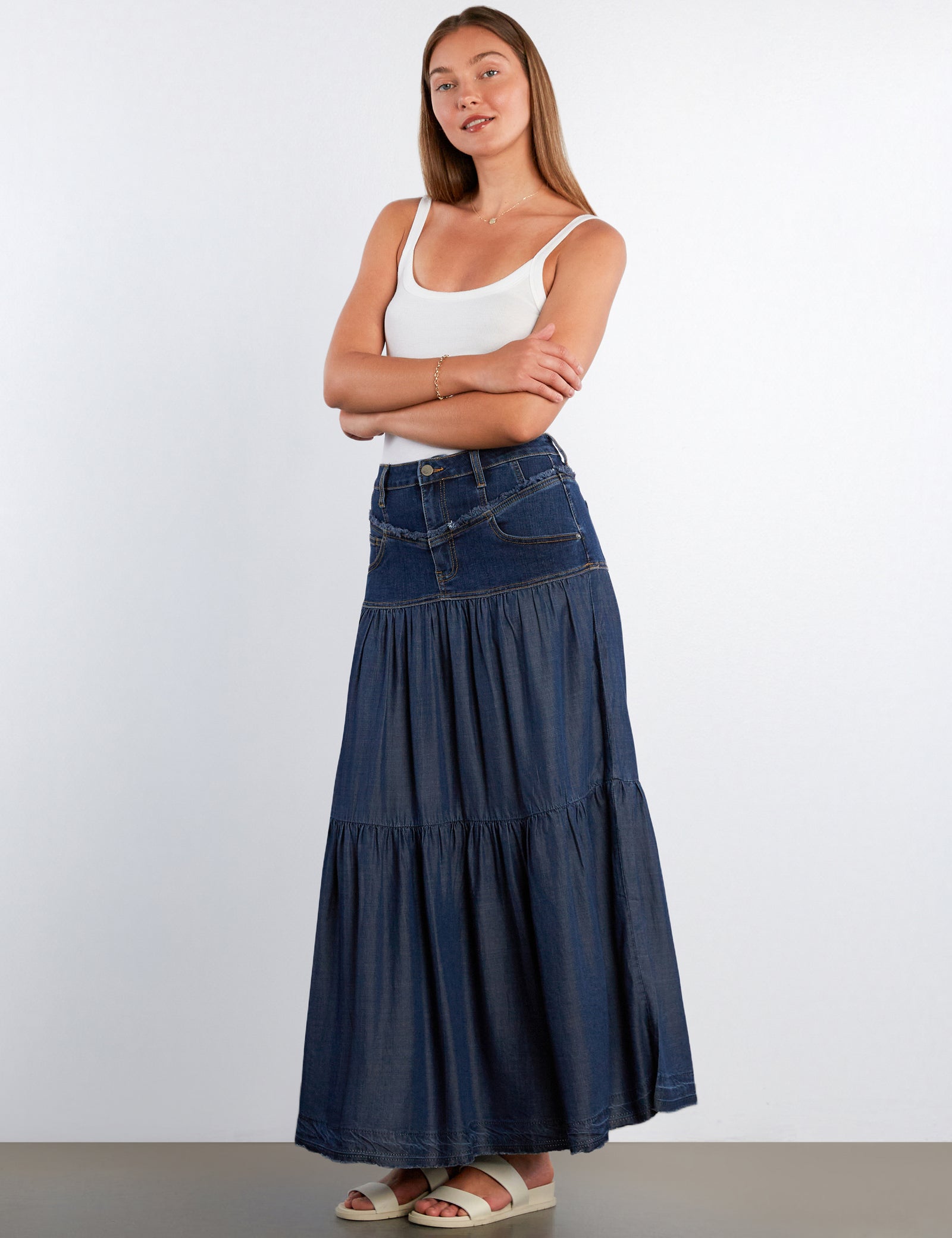 Women's Tiered & Fray Denim Maxi Skirt – Billy T – washlabshop