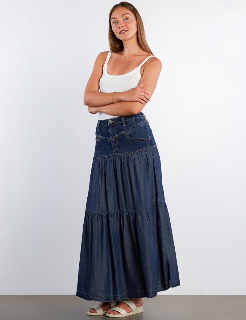Denim Tiered & Fray Maxi Skirt