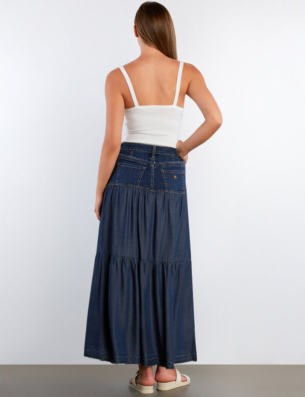 Denim Tiered & Fray Maxi Skirt