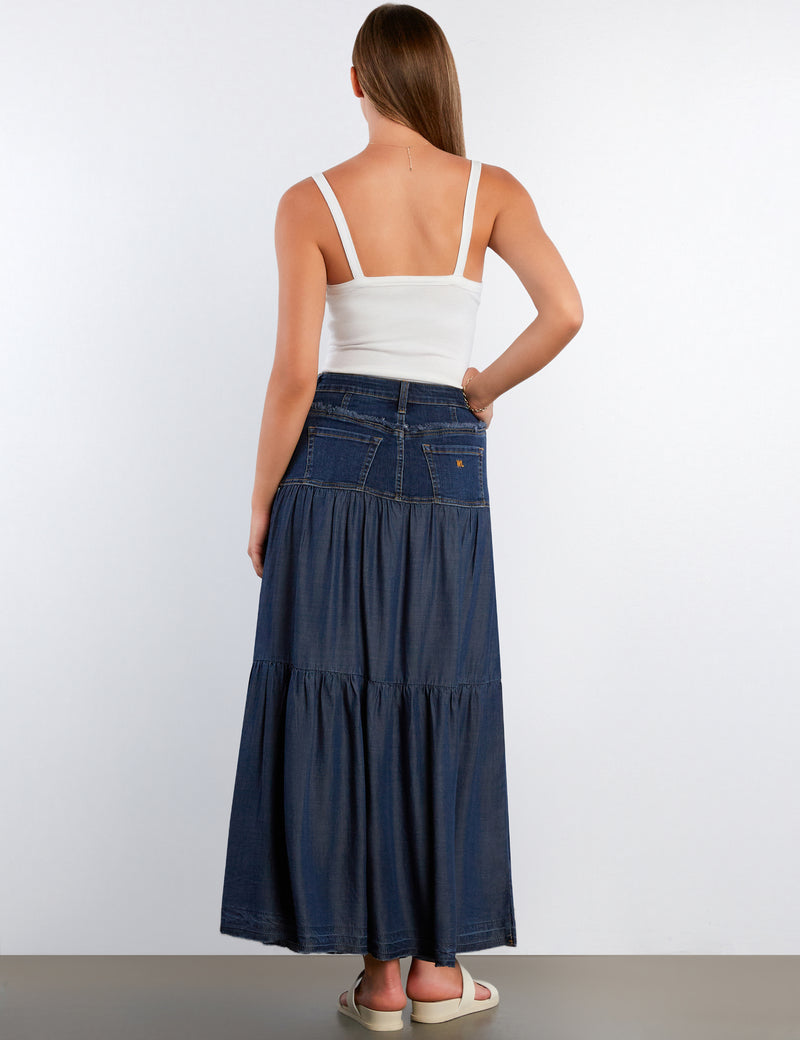 Denim Tiered & Fray Maxi Skirt