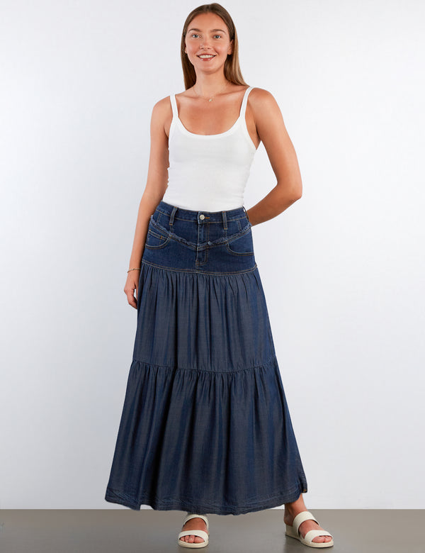 Denim Tiered & Fray Maxi Skirt