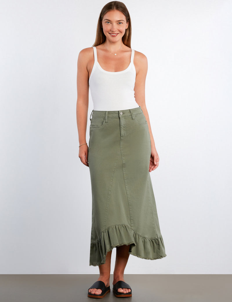 Pieced Ruffle Denim Maxi Skirt