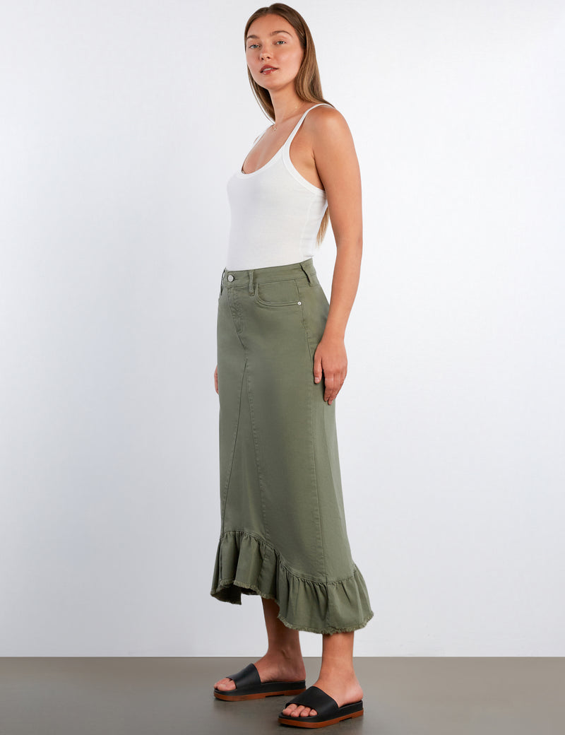 Pieced Ruffle Denim Maxi Skirt