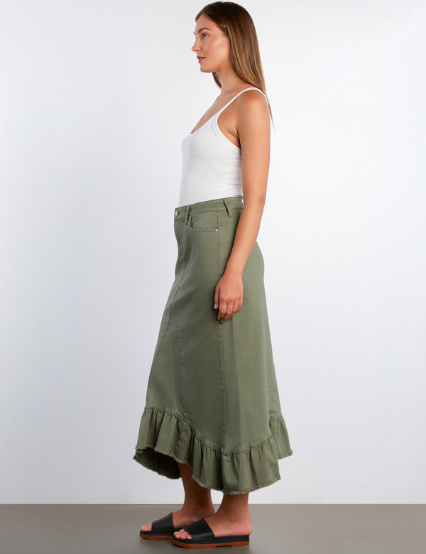 Pieced Ruffle Denim Maxi Skirt