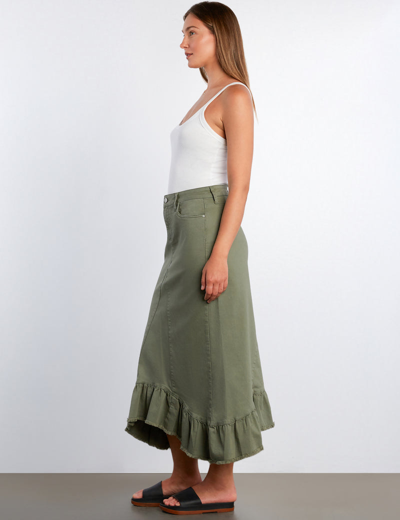 Pieced Ruffle Denim Maxi Skirt