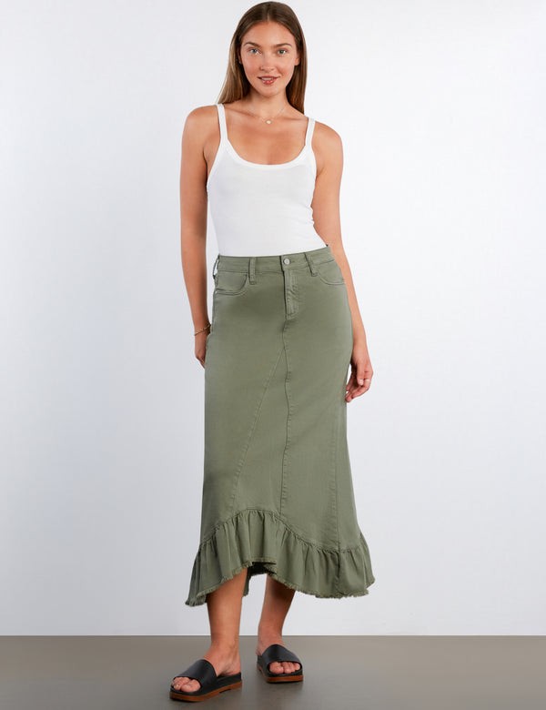 Pieced Ruffle Denim Maxi Skirt
