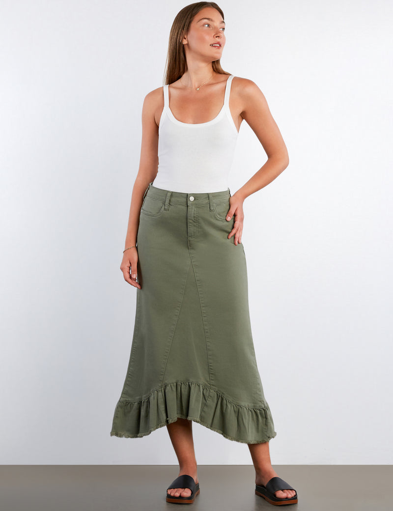 Pieced Ruffle Denim Maxi Skirt