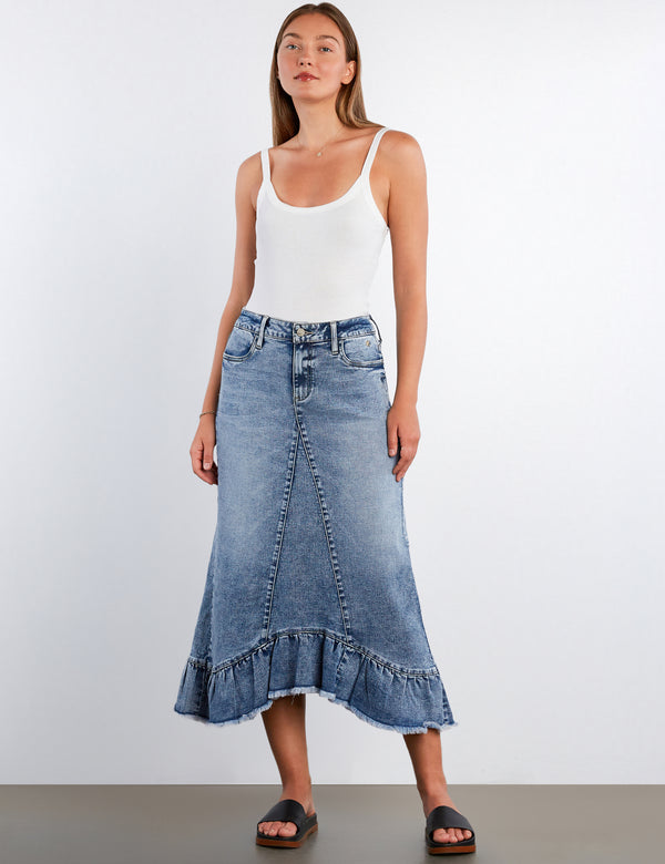 Pieced Ruffle Denim Maxi Skirt