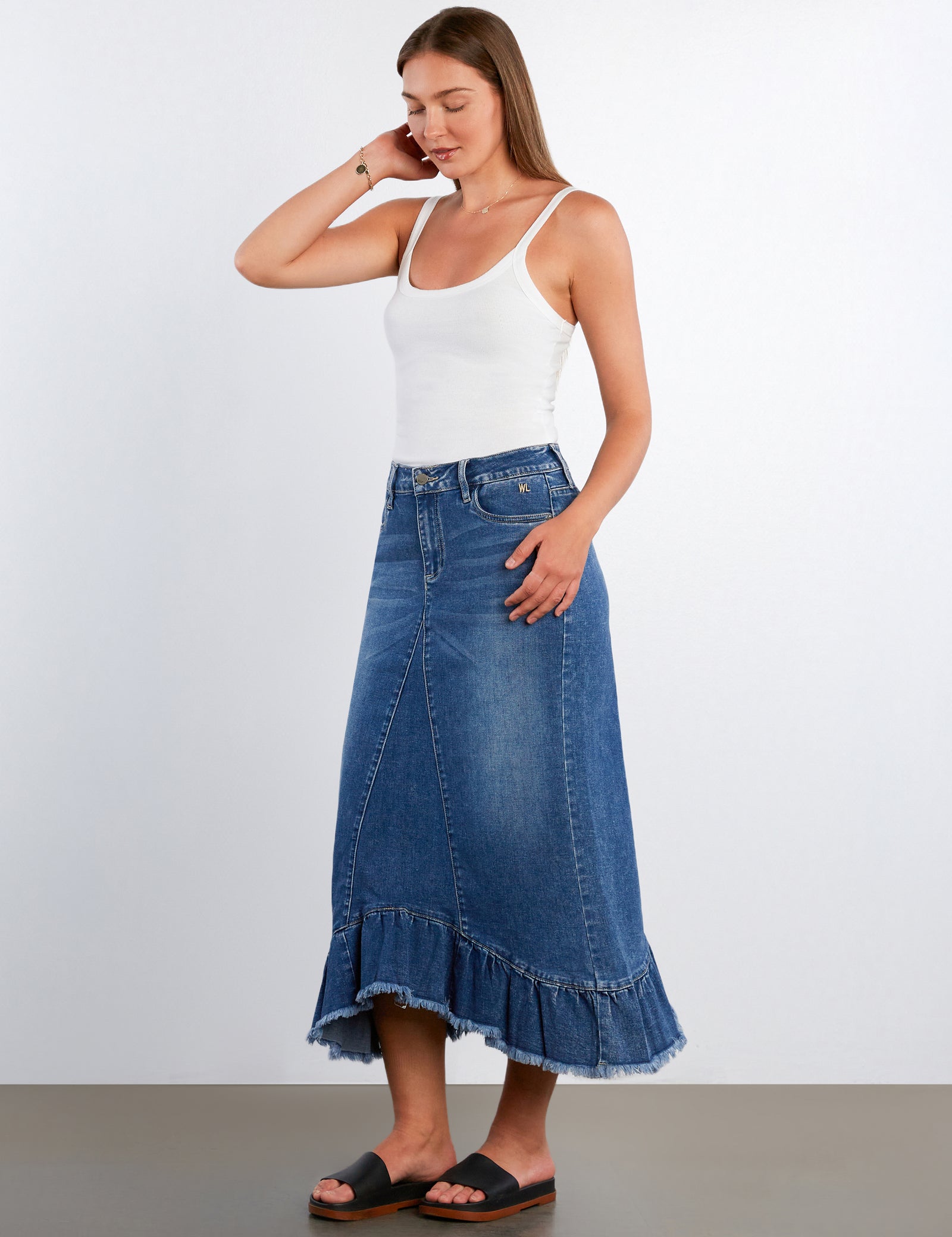 Women's Pieced Ruffle Denim Maxi Skirt – Wash Lab – washlabshop