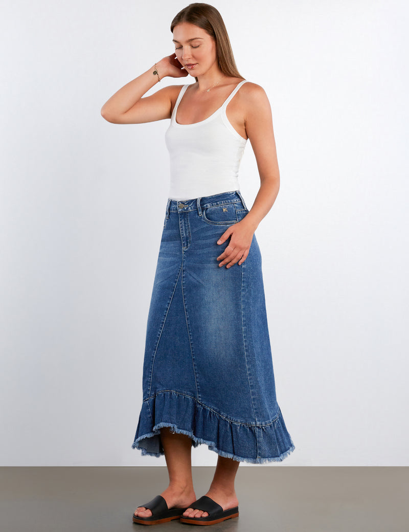 Pieced Ruffle Denim Maxi Skirt