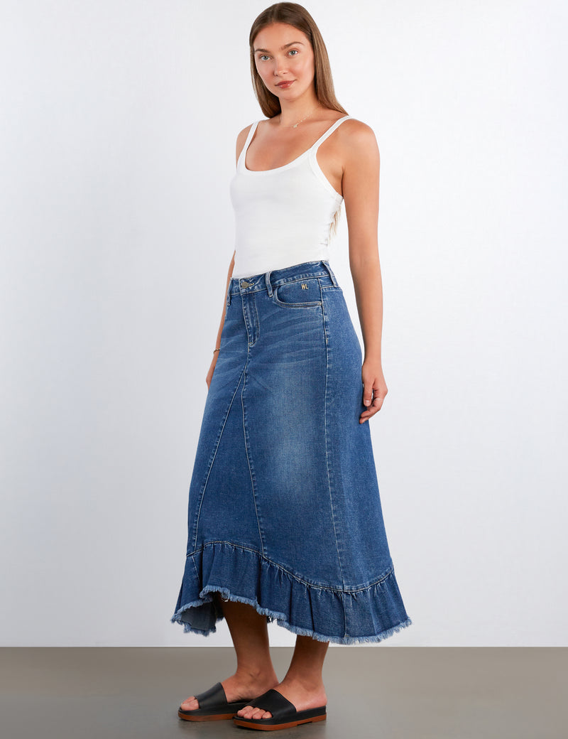 Pieced Ruffle Denim Maxi Skirt