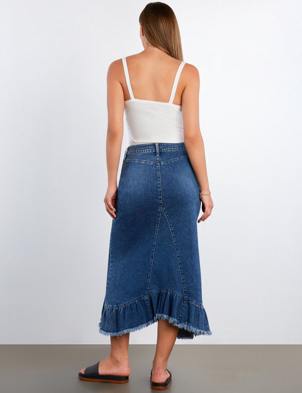 Pieced Ruffle Denim Maxi Skirt