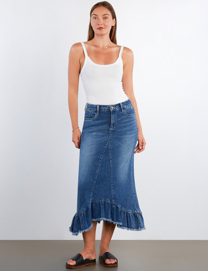 Pieced Ruffle Denim Maxi Skirt