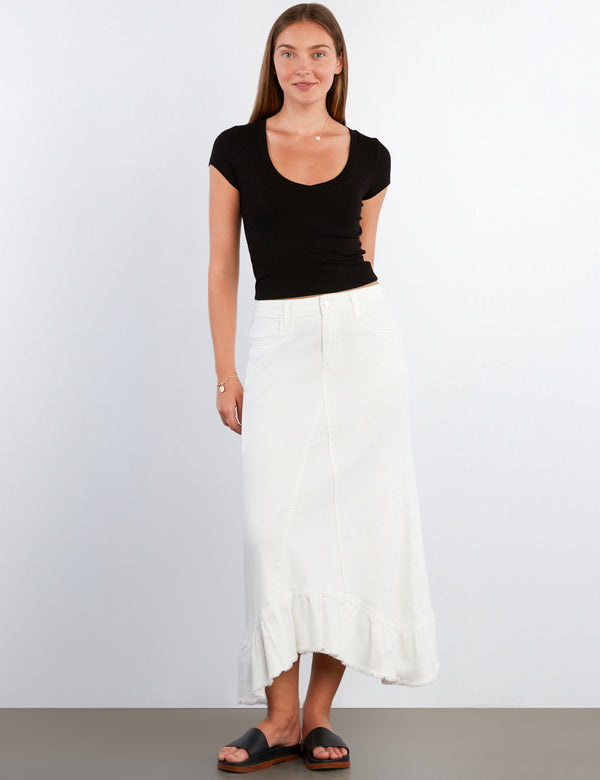 Pieced Ruffle Denim Maxi Skirt