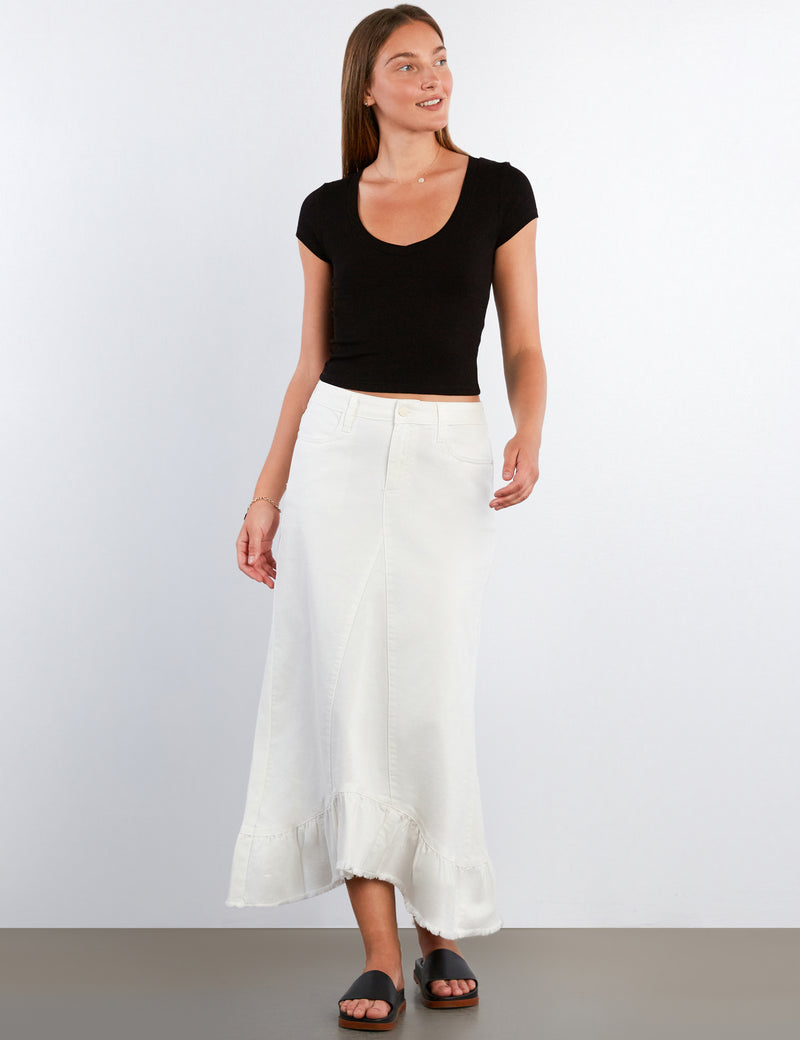 Pieced Ruffle Denim Maxi Skirt
