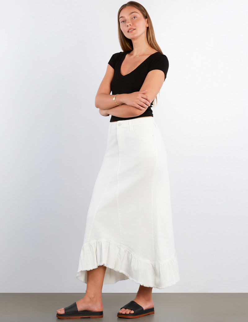 Pieced Ruffle Denim Maxi Skirt
