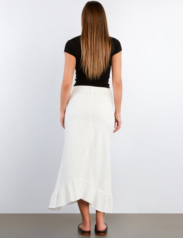 Pieced Ruffle Denim Maxi Skirt