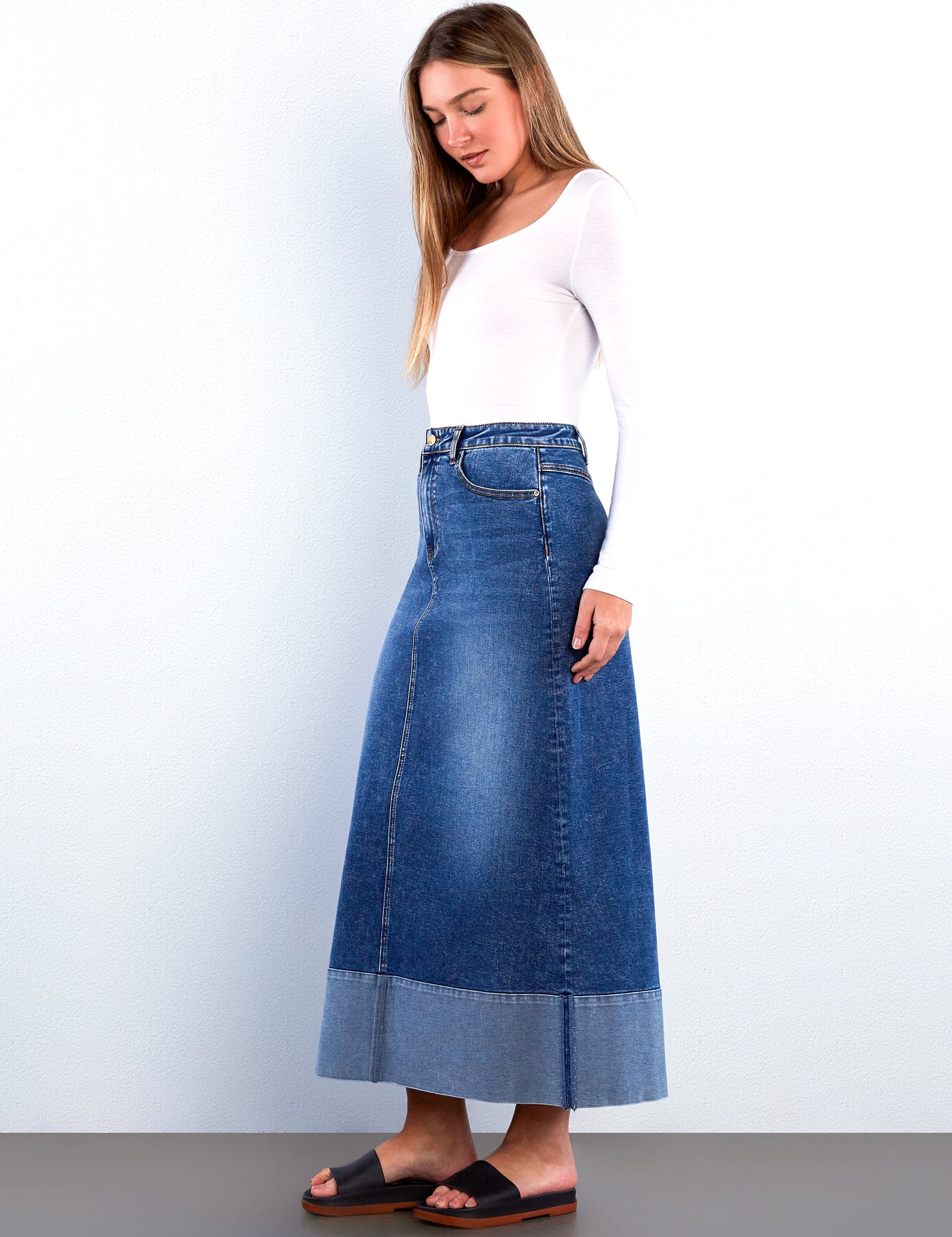 Women's Cuffed Denim Maxi Skirt – Wash Lab – washlabshop