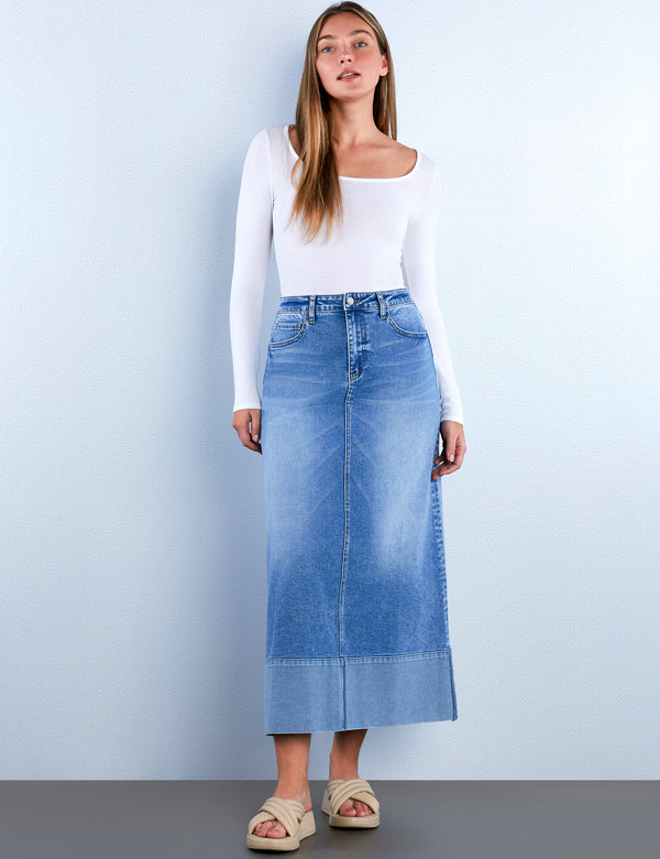 Cuffed Denim Maxi Skirt