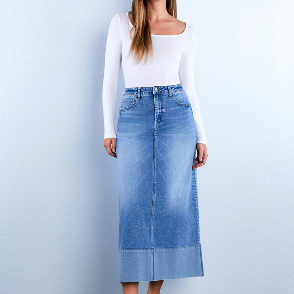 【BAON】Kakuna Cutting Washed Denim Long Skirt Kwunbwa Women's High Waisted Maxi Denim Skirt Front Slit A