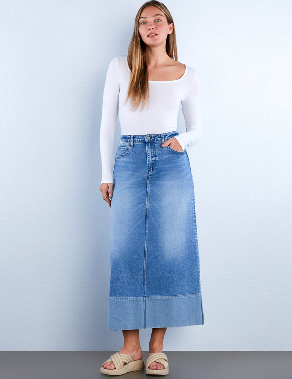 Cuffed Denim Maxi Skirt