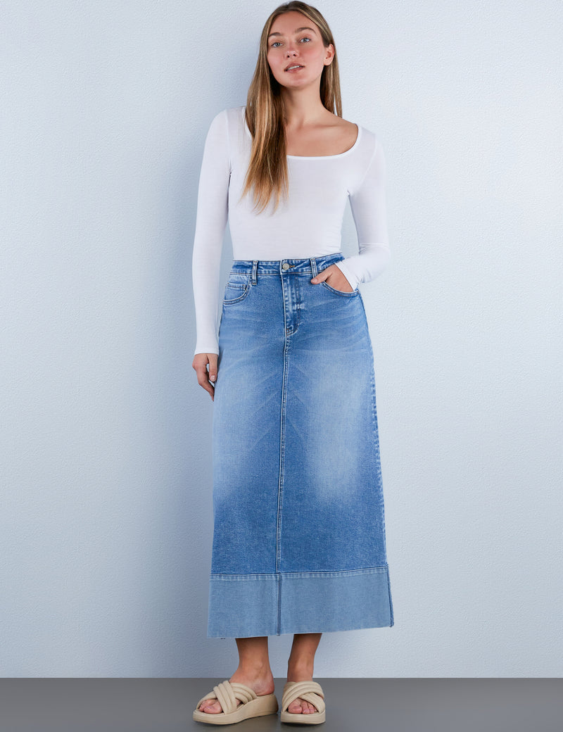 Cuffed Denim Maxi Skirt