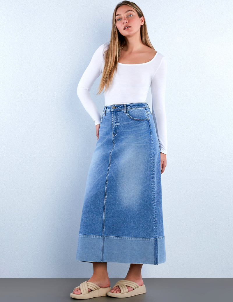 Cuffed Denim Maxi Skirt