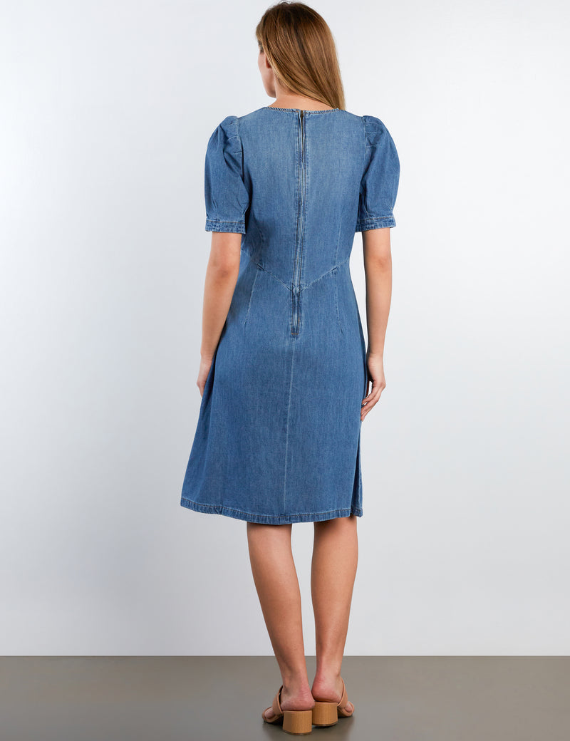 blashe denim dress Blashe Denim Shirt Dress Women M Blue Chambray Snap Belted Puff Sleeve Casual