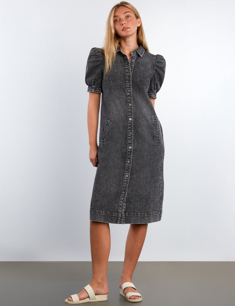 Women's Puff Denim Grey Midi Dress Dark Cement / S