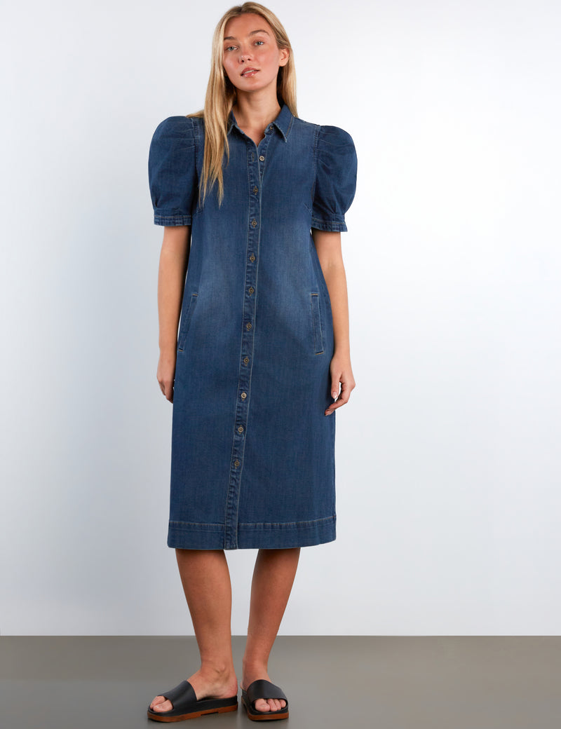 denim dress with puff sleeves Puff Denim Midi Dress Subway Blue / M