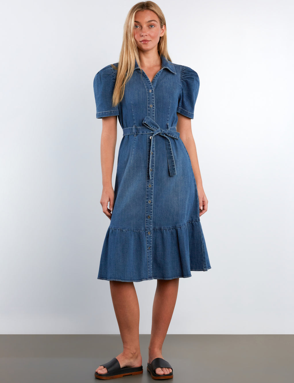 Women's Denim Muse Puff Sleeves Tie Dress – washlabshop