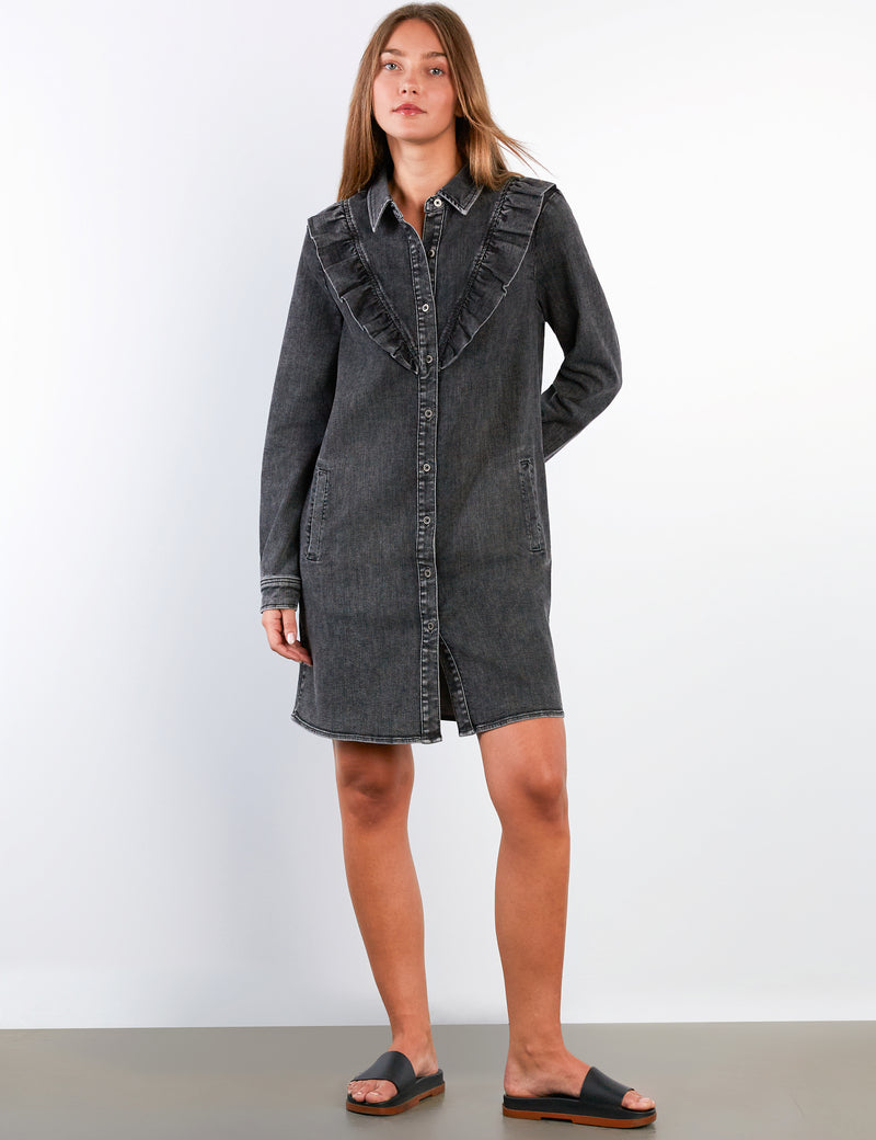 dark grey denim dress Social Collision Grey Denim & Black Star Mesh Twofer Dress